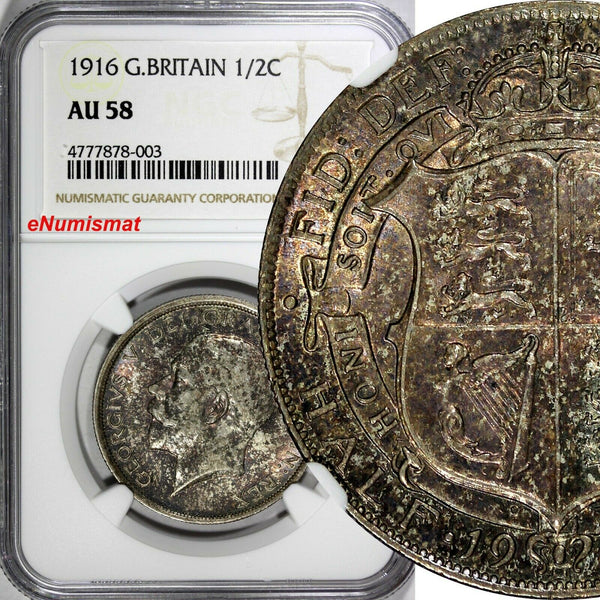 GREAT BRITAIN George V Silver 1916 1/2 Crown NGC AU58 WWI Issue KM# 818.1