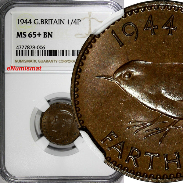 Great Britain George VI Bronze 1944 Farthing NGC MS65+ BN TOP GRADED  KM# 843