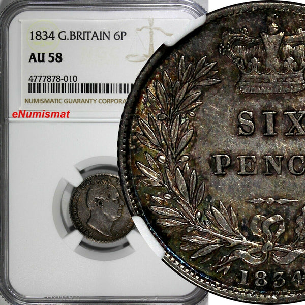 Great Britain William IV (1831-1837) Silver 1834 6 Pence NGC AU58 Toned KM# 712