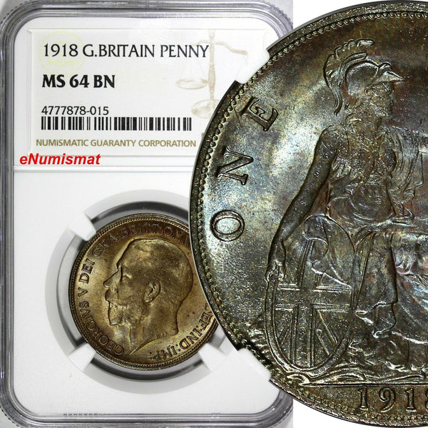 GREAT BRITAIN George V Bronze 1918 1 Penny NGC MS64 BN BETTER DATE KM# 810