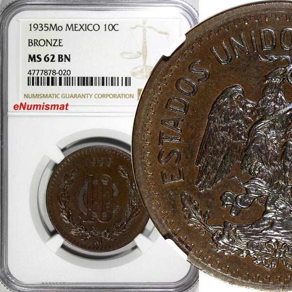 Mexico Bronze 1935 Mo 10 Centavos NGC MS62 BN  30.5mm Last Year KM# 430