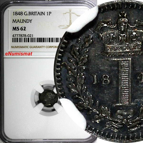 Great Britain Victoria Silver 1848 1 Pence Maundy NGC MS62 NICE TONED KM# 727