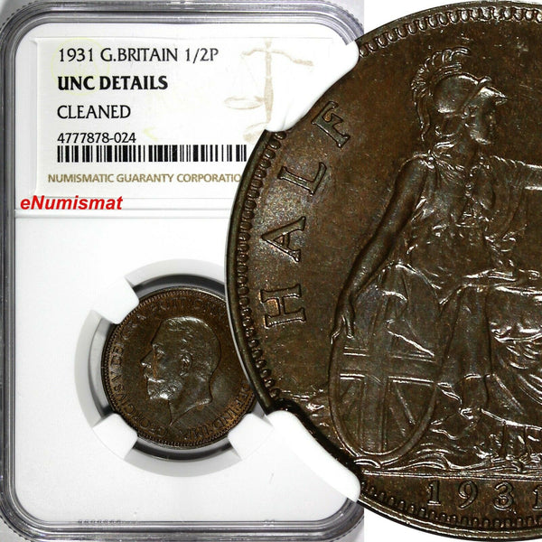 Great Britain George V Bronze 1931 1/2 Penny NGC UNC DETAILS NICE TONING KM# 837