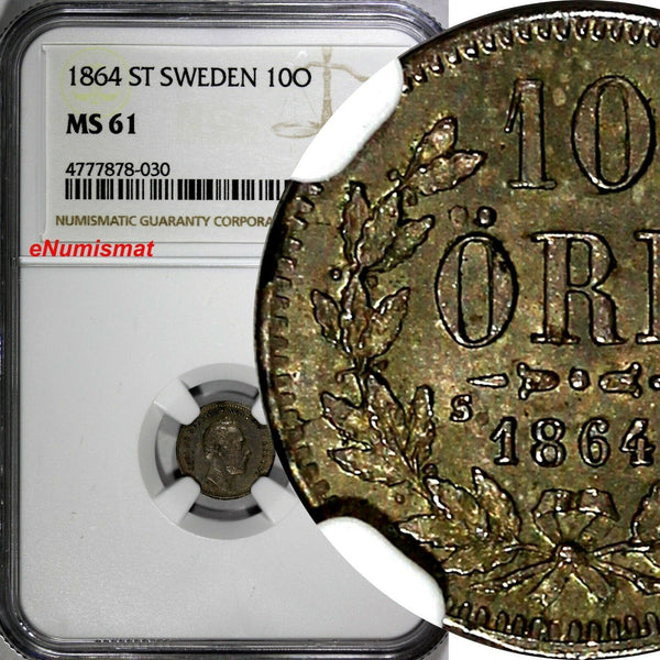 SWEDEN Carl XV  Silver 1864 ST 10 Ore Nice Toned Mintage-449,430 NGC MS61 KM#710