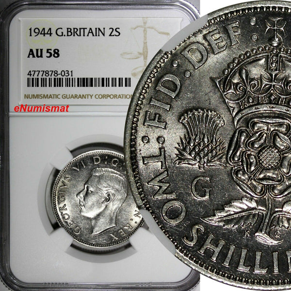 GREAT BRITAIN George VI Silver 1944 Florin /2 Shilling NGC AU58 WWII Issue KM855