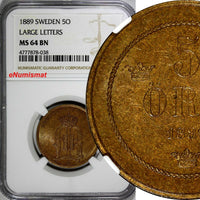 Sweden Oscar II Bronze 1889 5 Ore Large Letters NGC MS64 BN KM# 757