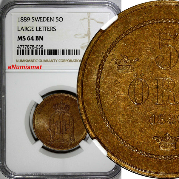 Sweden Oscar II Bronze 1889 5 Ore Large Letters NGC MS64 BN KM# 757 (038)