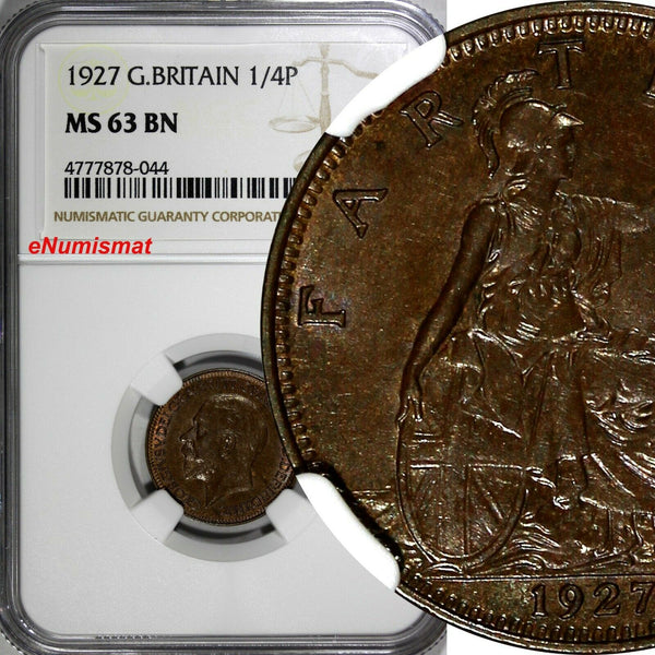Great Britain George V (1910-1936) Bronze 1927 Farthing NGC MS63 BN KM# 825