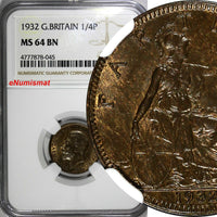 Great Britain George V (1910-1936) Bronze 1932 Farthing NGC MS64 BN KM# 825