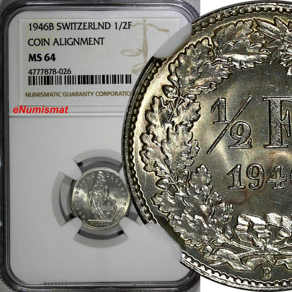 Switzerland Silver 1946 B 1/2 Franc NGC MS64 Standing Helvetia KM# 23 (26)