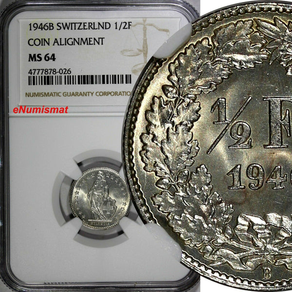 Switzerland Silver 1946 B 1/2 Franc NGC MS64 Standing Helvetia KM# 23 (026)