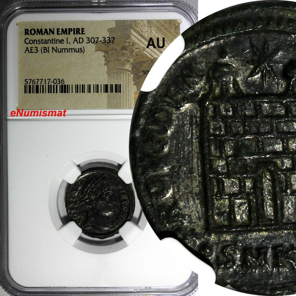 Roman Empire Constantine I AD 307-337 AE3 BI Nummus CAMP GATE NGC AU (036)