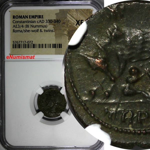Roman Empire Constantinian BI Nummus cAD 330-340 Roma/She-Wolf & Twins NGC XF(2)