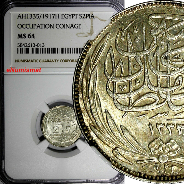 Egypt Occupation Coinage Silver AH1335/1917 H 2 Piastres NGC MS64 KM# 317.2 (13)