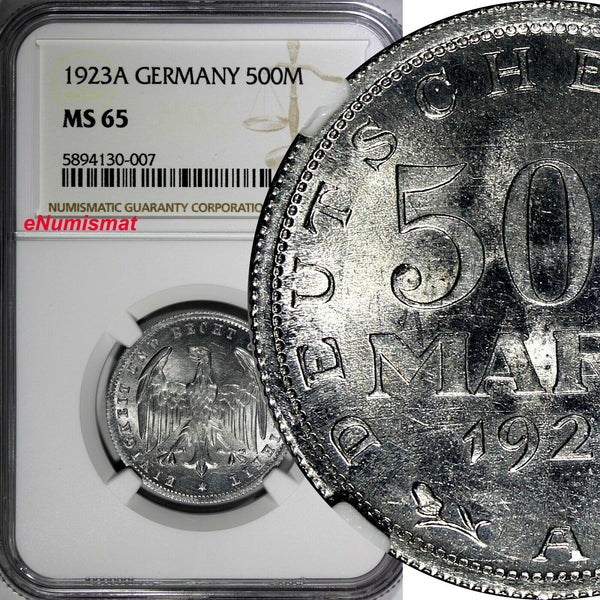 Germany - Weimar Republic Aluminum 1923 A 500 Mark NGC MS65 GEM BU KM# 36 (007)
