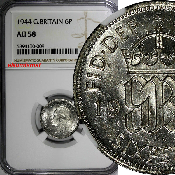 Great Britain George VI Silver 1944 6 Pence NGC AU58 KM# 852 (009)