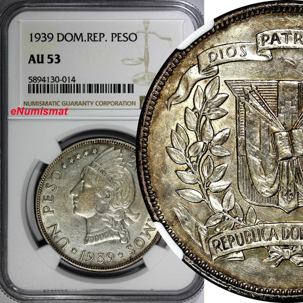 Dominican Republic Silver 1939 Peso Mintage-15,000 NGC AU53 SCARCE KM# 22 (014)