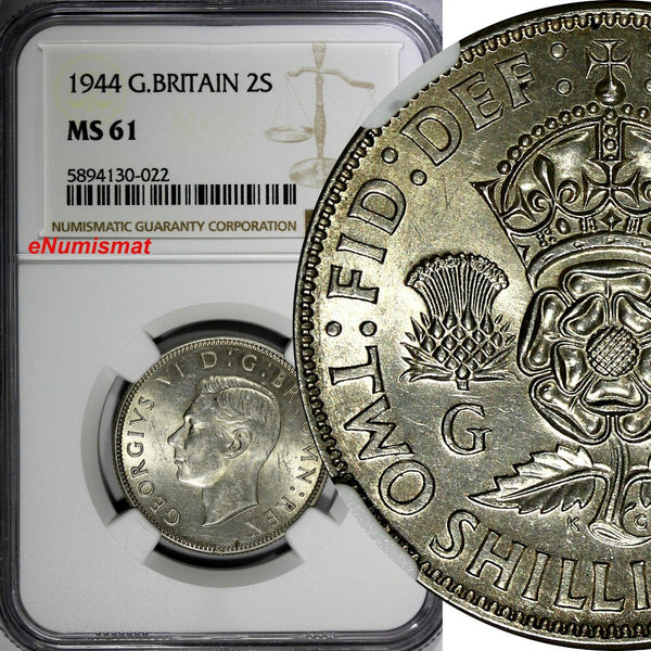 GREAT BRITAIN George VI Silver 1944 Florin WWII Issue NGC MS61 KM# 855 (022)