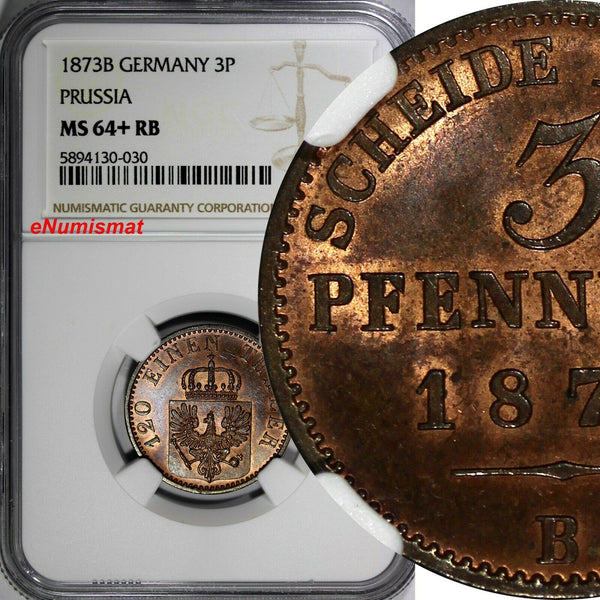 Germany PRUSSIA Wilhelm I 1873 B 3 Pfennig NGC MS64+ RB TOP GRADED KM# 482 (030)