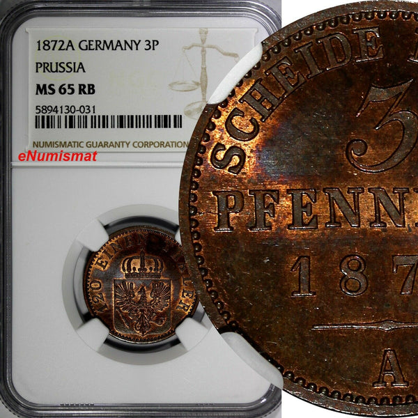 Germany PRUSSIA Wilhelm I 1872 A 3 Pfennig NGC MS65 RB TOP GRADED KM# 482 (031)