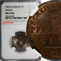 Germany PRUSSIA Wilhelm I 1864 A 3 Pfennig NGC MS65 BN TOP GRADED KM# 482 (039)