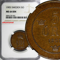 Sweden Oscar II 1905 5 Öre LAST YEAR NGC MS64 BN TOP GRADED BY NGC KM# 757 (042)