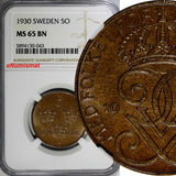 Sweden Gustaf V Bronze 1930 5 Öre NGC MS65 BN TOP GRADED BY NGC KM# 779.2(043)