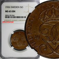 Sweden Gustaf V Bronze 1926 5 Öre NGC MS65 BN TOP GRADED BY NGC KM# 779.2(044)