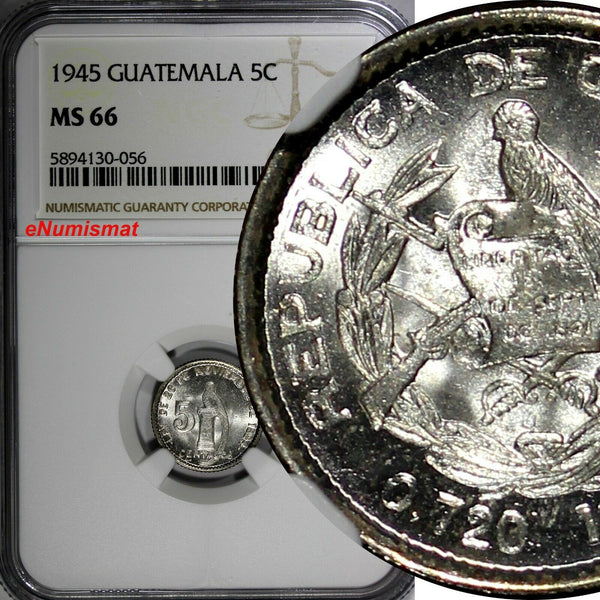 GUATEMALA Silver 1945 5 Centavos NGC MS66 GEM BU COIN KM# 238.1 (056)