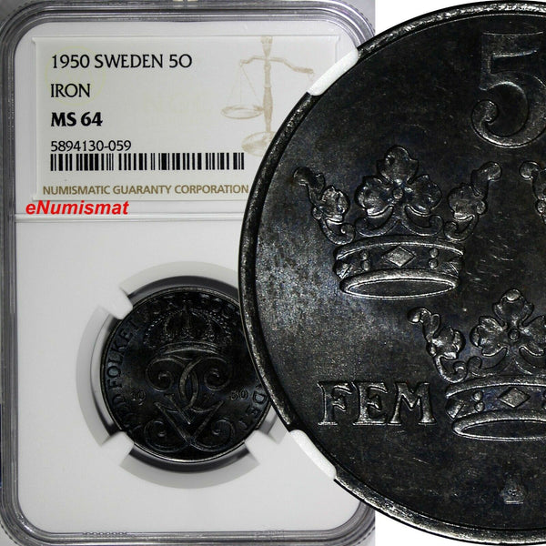 Sweden Gustaf V Iron 1950 5 Ore NGC MS64 LAST DATE FOR TYPE GEM BU KM# 81 (059)