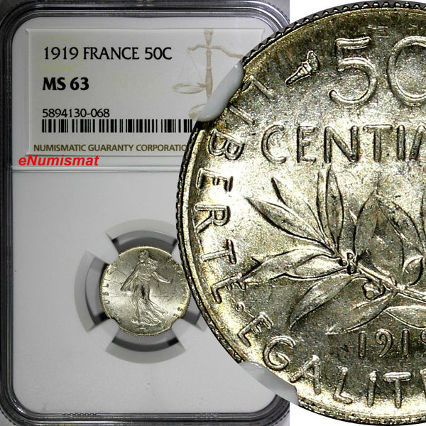 France Silver 1919 50 Centimes NGC MS63 MINT LUSTER KM# 854 (068)