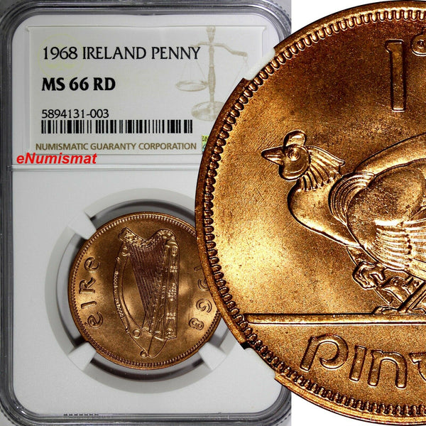 Ireland Republic Bronze 1968 Penny NGC MS66 RD NICE RED Hen with chicks KM11/003