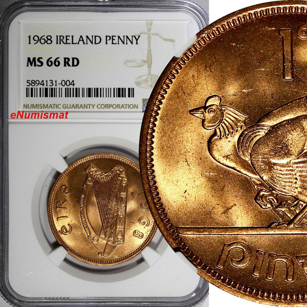 Ireland Republic Bronze 1968 Penny NGC MS66 RD NICE RED Hen with chicks KM11/004
