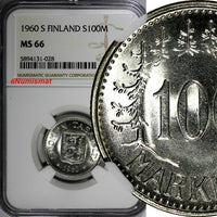 Finland Silver 1960 S 100 Markkaa NGC MS66 Low Mintage-290,000 BU KM# 41 (028)