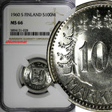 Finland Silver 1960 S 100 Markkaa NGC MS66 Low Mintage-290,000 BU KM# 41 (028)