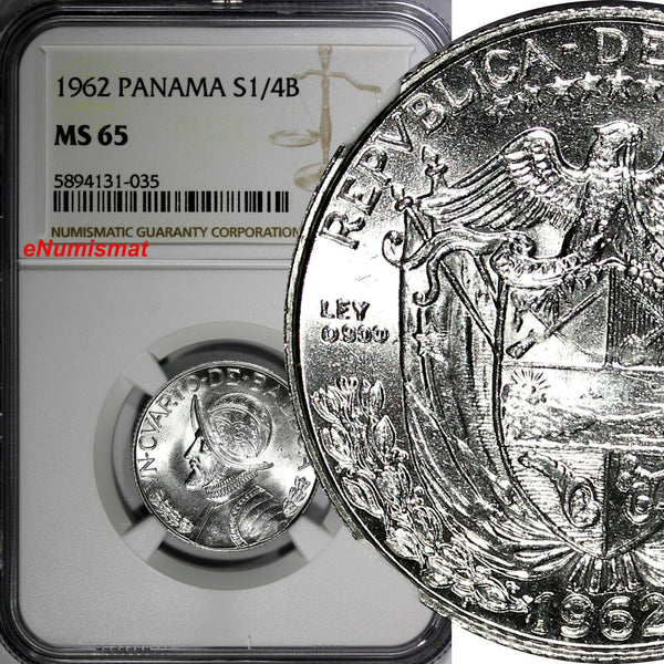 Panama Vasco Núñez de Balboa Silver 1962 1/4 Balboa NGC MS65 GEM BU KM#11.2(035)
