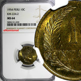 Peru 1954 10 Centavos NGC MS64 Thin Planchet TOP GRADED BY NGC KM# 224.2 (039)