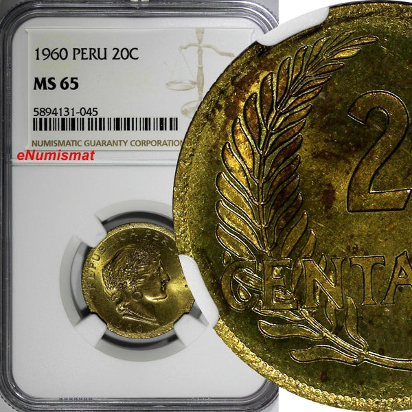 Peru 1960 20 Centavos NGC MS65 Thin Planchet HIGH GRADE KM# 221.2b (045)