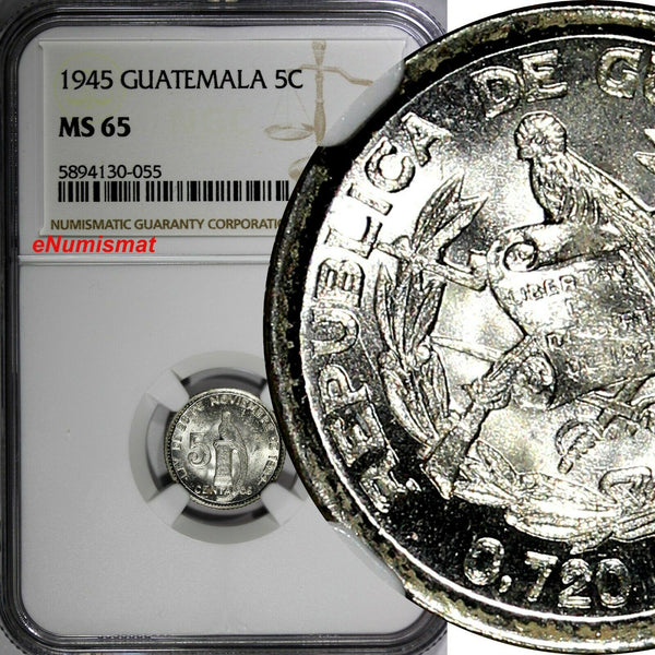 GUATEMALA Silver 1945 5 Centavos NGC MS65 GEM BU COIN KM# 238.1 (055)