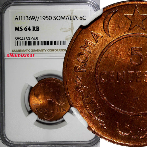 Somalia Copper AH1369 (1950) 5 Centesimi NGC MS64 RB NICE RED Elephant KM#2(48)