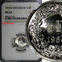 Switzerland Silver 1964 B 1/2 Franc NGC MS64 GEM BU HIGH GRADE KM# 23 (055)