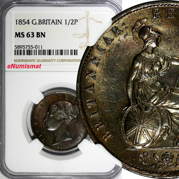 Great Britain Victoria Copper 1854 1/2 Penny NGC MS63 BN Nice Toned KM#726 (011)