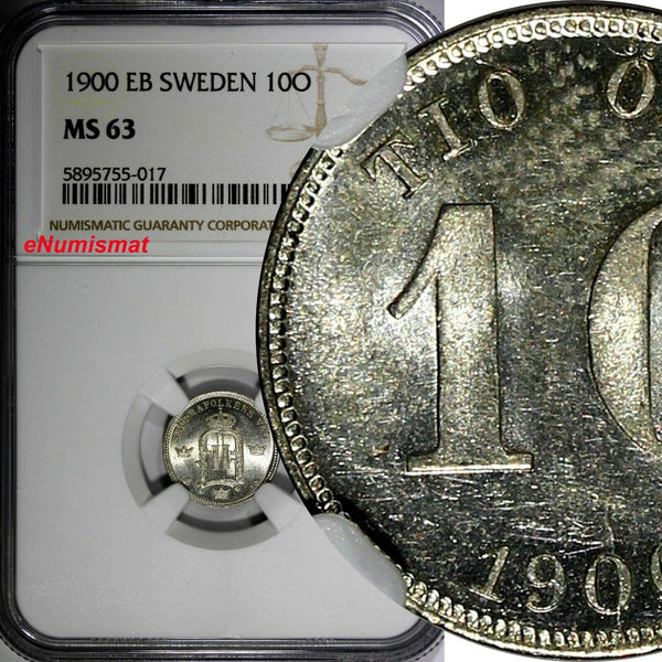 SWEDEN Oscar II (1872-1907) Silver 1900 EB 10 Ore NGC MS63 BU KM# 755 (017)