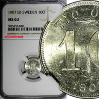 SWEDEN Oscar II Silver 1907 EB 10 Ore 1 YEAR TYPE NGC MS63 KM# 774 (020)