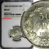 SWEDEN Oscar II Silver 1883 EB 50 Ore NGC MS63 GEM COIN BETTER DATE KM# 740(021)