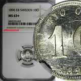 SWEDEN Oscar II (1872-1907) Silver 1896 EB 10 Ore NGC MS63+PLUS BU KM# 755 (022)