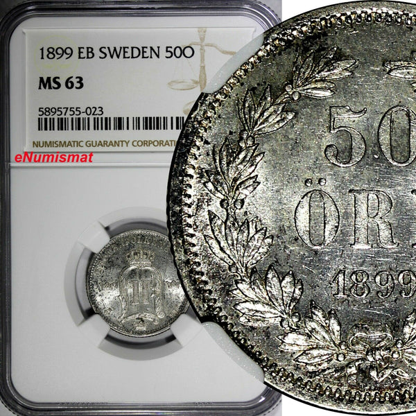 SWEDEN Oscar II Silver 1899 EB 50 Ore NGC MS63 GEM COIN BETTER DATE KM# 740(023)