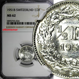 Switzerland Silver 1951-B 1/2 Franc NGC MS62  Helvetia KM# 23 (024)