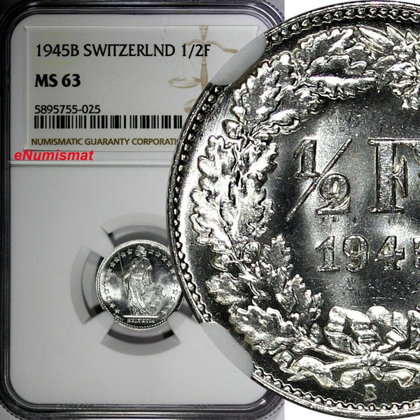 Switzerland Silver 1945 B 1/2 Franc NGC MS63  Helvetia KM# 23 (025)