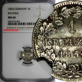 German States BAVARIA Ludwig I Silver 1854 1 Kreuzer NGC MS66 Toning KM#799(043)